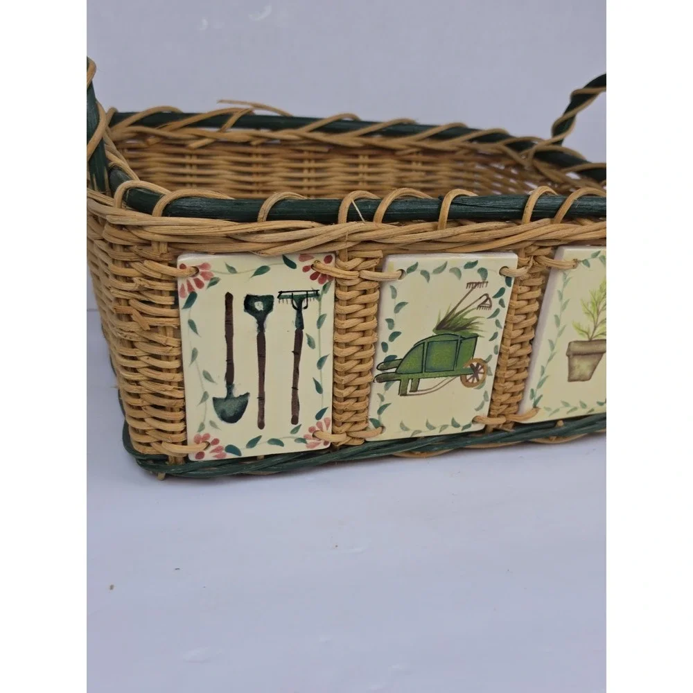 Woven Wicker Basket With Painted Ceramic Tile Accents Gardening Theme Handles
